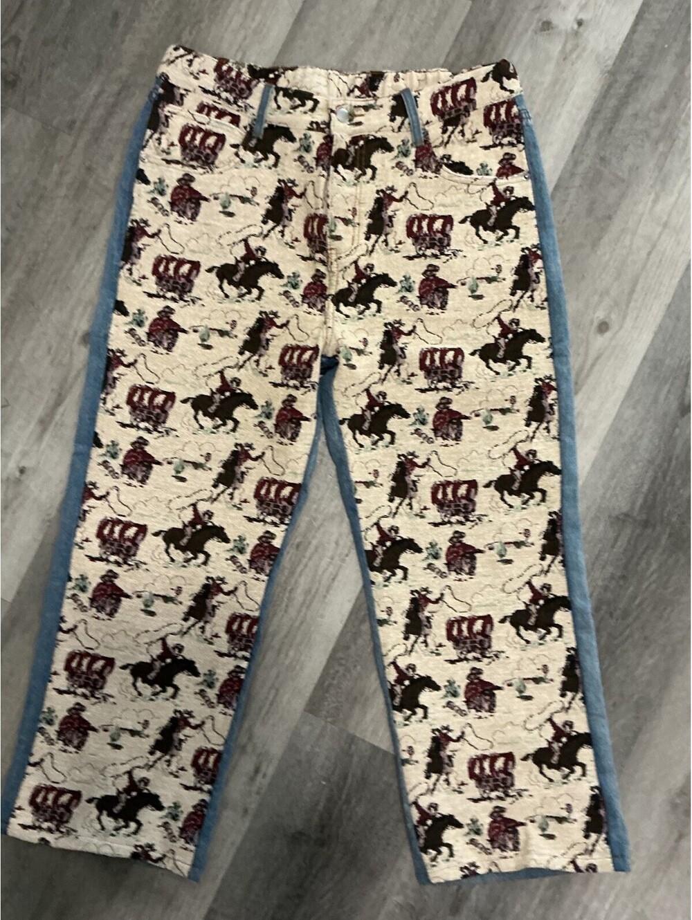 Cowboy Western Rodeo Tapestry Vintage Wide Leg Jeans Size 12 Large 32" W #469